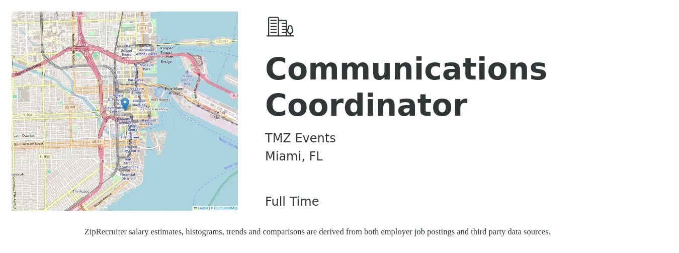 TMZ Events job posting for a Communications Coordinator in Miami, FL with a salary of $44,500 to $64,100 Yearly with a map of Miami location.