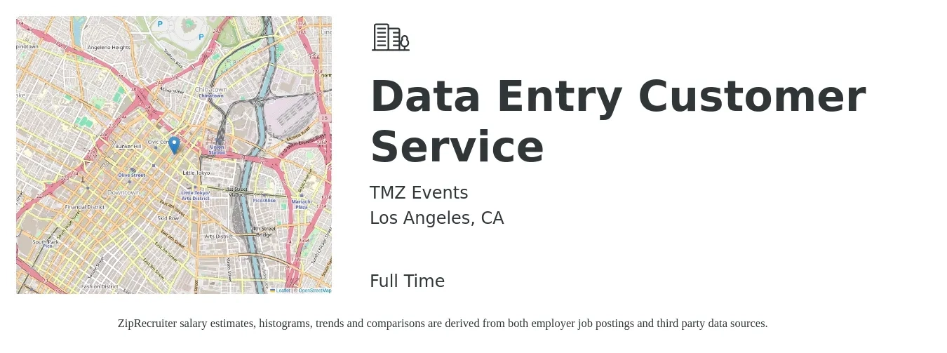 TMZ Events job posting for a Data Entry Customer Service in Los Angeles, CA with a salary of $17 to $24 Hourly with a map of Los Angeles location.