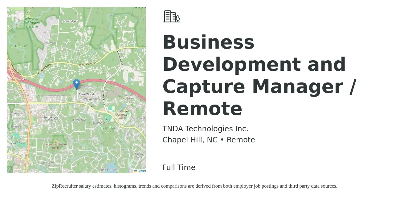 TNDA Technologies Inc. job posting for a Business Development and Capture Manager / Remote in Chapel Hill, NC with a salary of $56,200 to $92,100 Yearly with a map of Chapel Hill location.