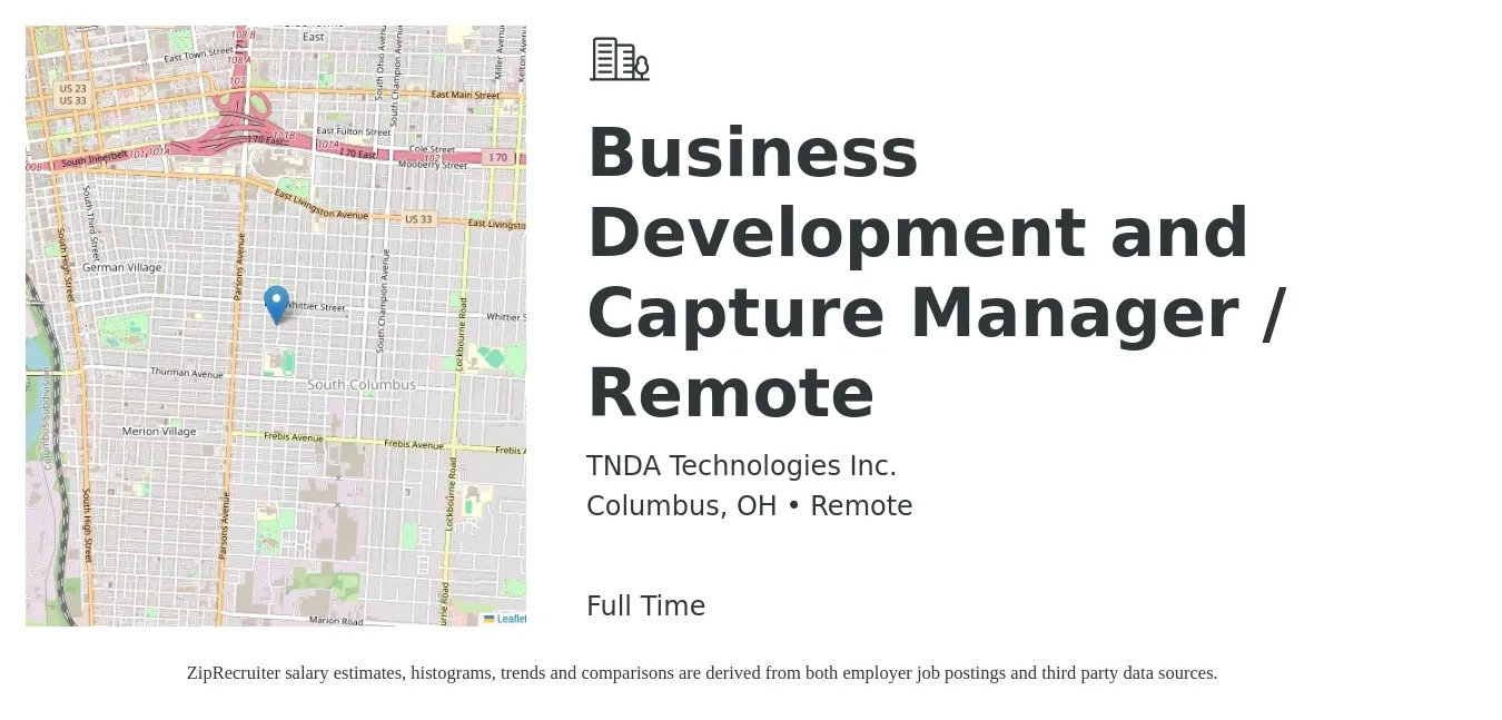 TNDA Technologies Inc. job posting for a Business Development and Capture Manager / Remote in Columbus, OH with a salary of $58,200 to $95,500 Yearly with a map of Columbus location.