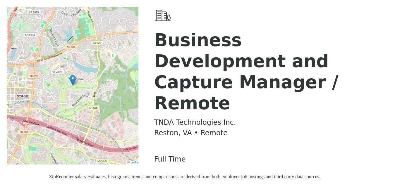 TNDA Technologies Inc. job posting for a Business Development and Capture Manager / Remote in Reston, VA with a salary of $63,600 to $104,200 Yearly with a map of Reston location.