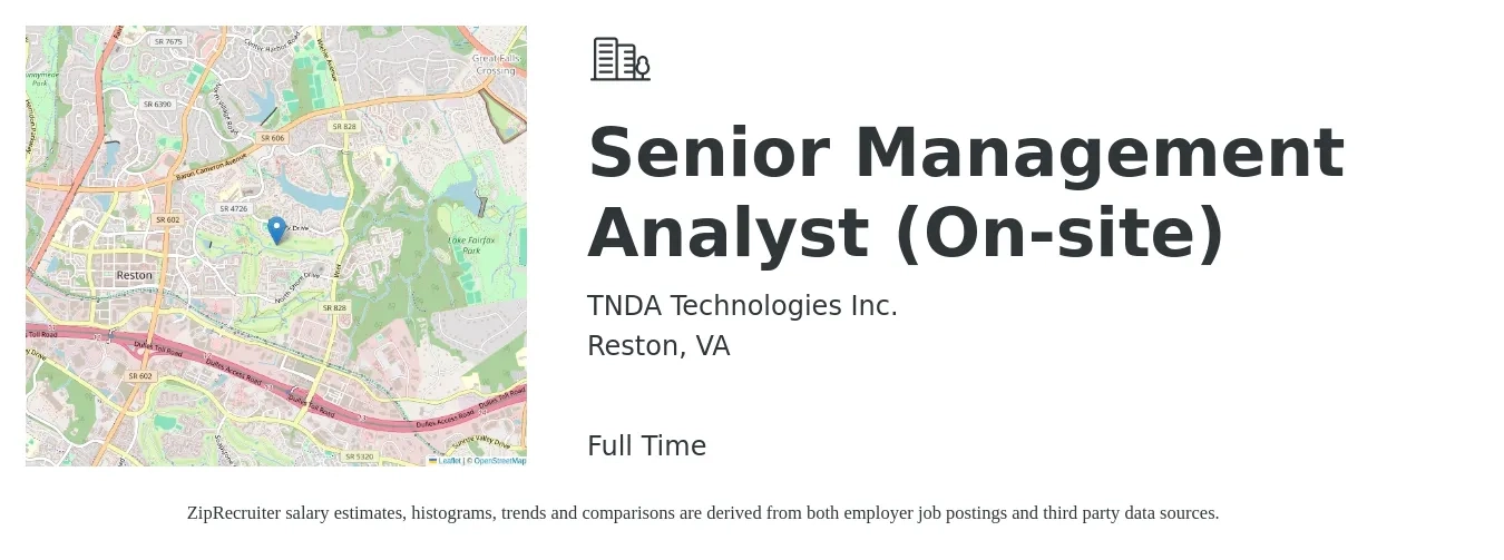 TNDA Technologies Inc. job posting for a Senior Management Analyst (On-site) in Reston, VA with a salary of $91,700 to $121,400 Yearly with a map of Reston location.
