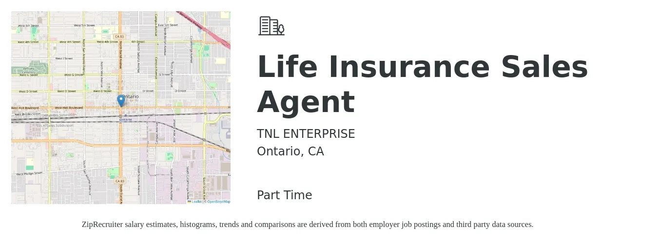 TNL ENTERPRISE job posting for a Life Insurance Sales Agent in Ontario, CA with a salary of $3,000 to $8,000 Monthly (plus commission) with a map of Ontario location.