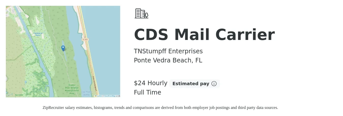 TNStumpff Enterprises job posting for a CDS Mail Carrier in Ponte Vedra Beach, FL with a salary of $26 Hourly with a map of Ponte Vedra Beach location.