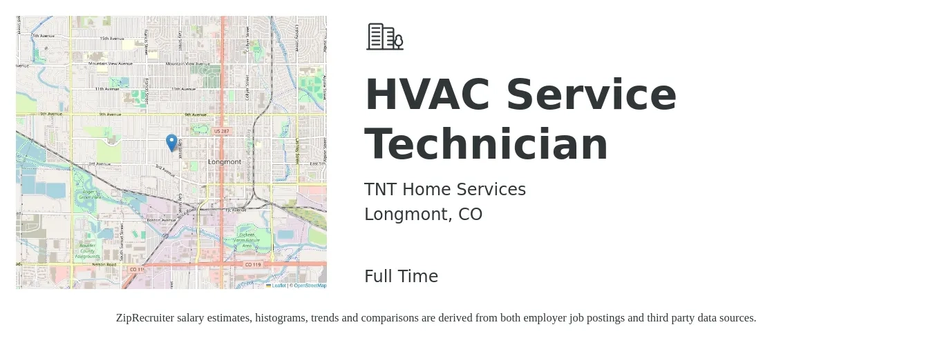 TNT Home Services job posting for a HVAC Service Technician in Longmont, CO with a salary of $25 to $34 Hourly with a map of Longmont location.