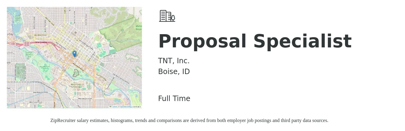 TNT, Inc. job posting for a Proposal Specialist in Boise, ID with a salary of $44,100 to $69,200 Yearly with a map of Boise location.