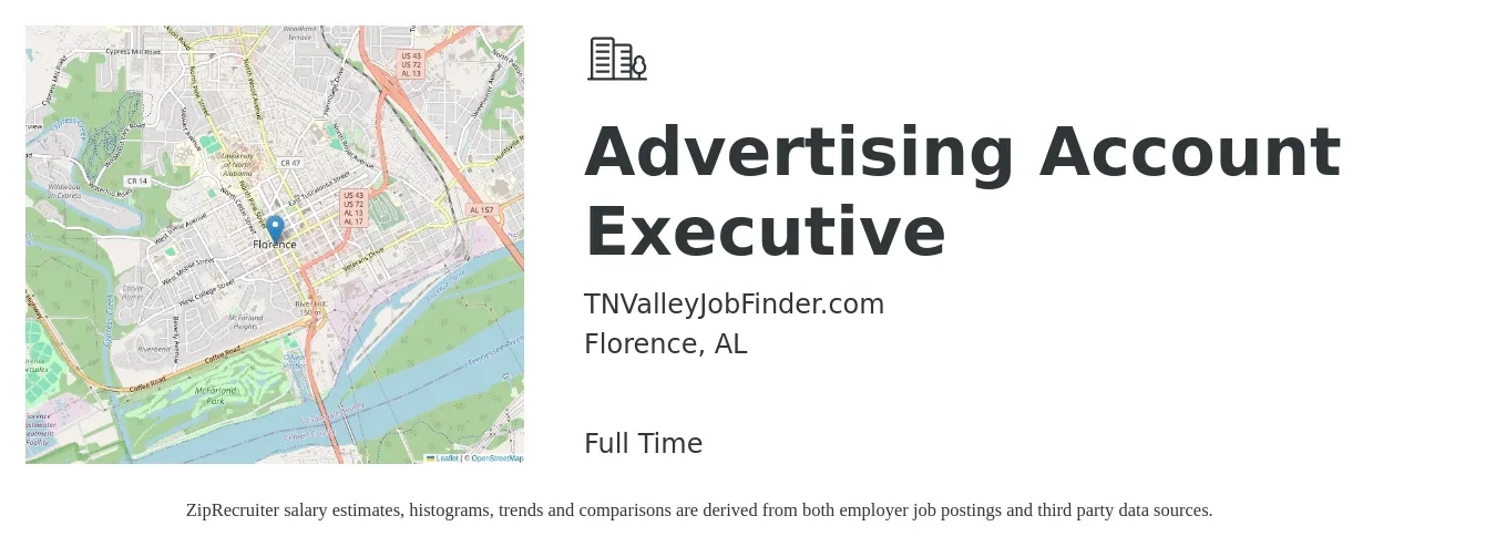 TNValleyJobFinder.com job posting for a Advertising Account Executive in Florence, AL with a salary of $31,000 to $39,500 Yearly with a map of Florence location.