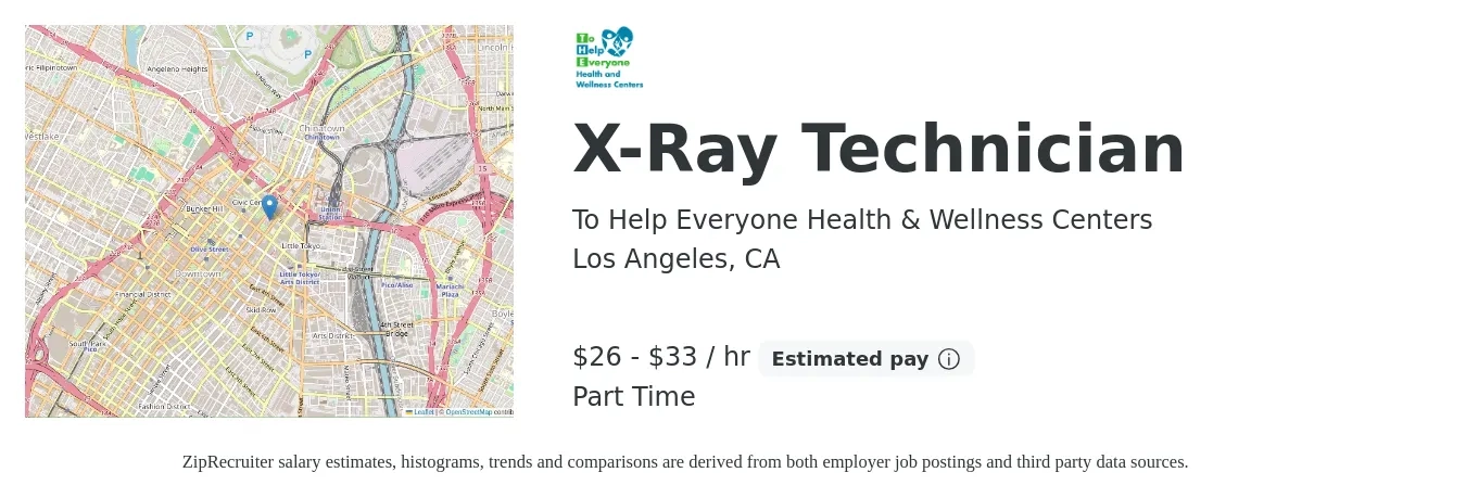 To Help Everyone Health & Wellness Centers job posting for a X-Ray Technician in Los Angeles, CA with a salary of $28 to $35 Hourly with a map of Los Angeles location.