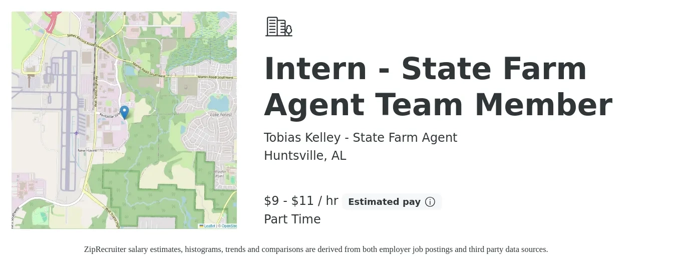 Tobias Kelley - State Farm Agent job posting for a Intern - State Farm Agent Team Member in Huntsville, AL with a salary of $10 to $12 Hourly with a map of Huntsville location.