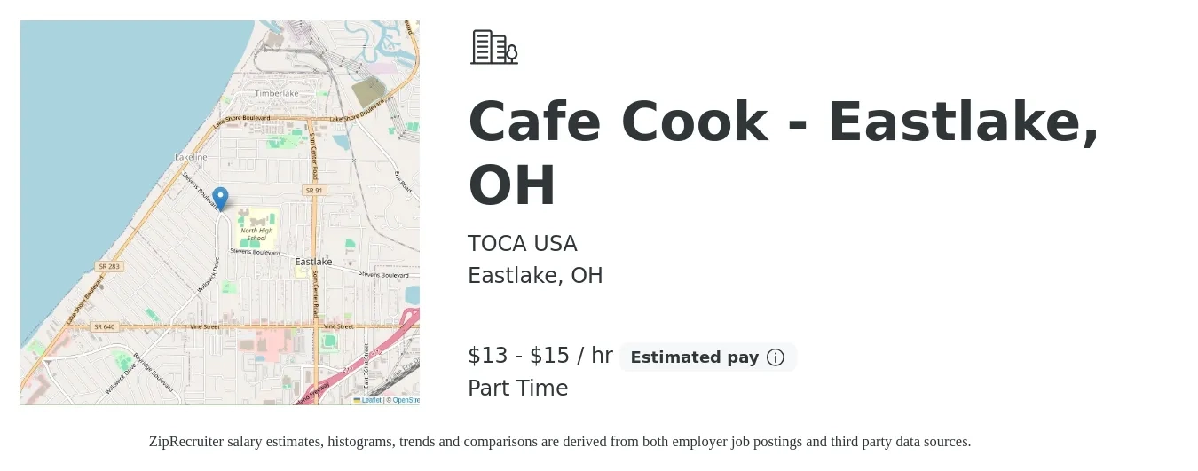 TOCA USA job posting for a Cafe Cook - Eastlake, OH in Eastlake, OH with a salary of $14 to $16 Hourly with a map of Eastlake location.