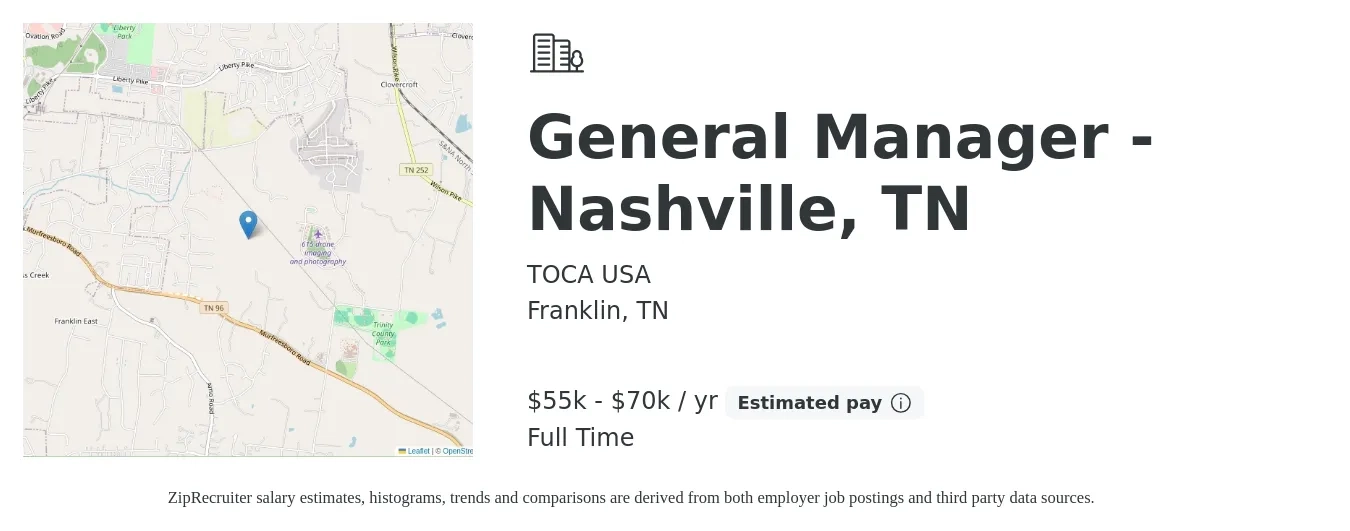 TOCA USA job posting for a General Manager - Nashville, TN in Franklin, TN with a salary of $55,000 to $70,000 Yearly with a map of Franklin location.