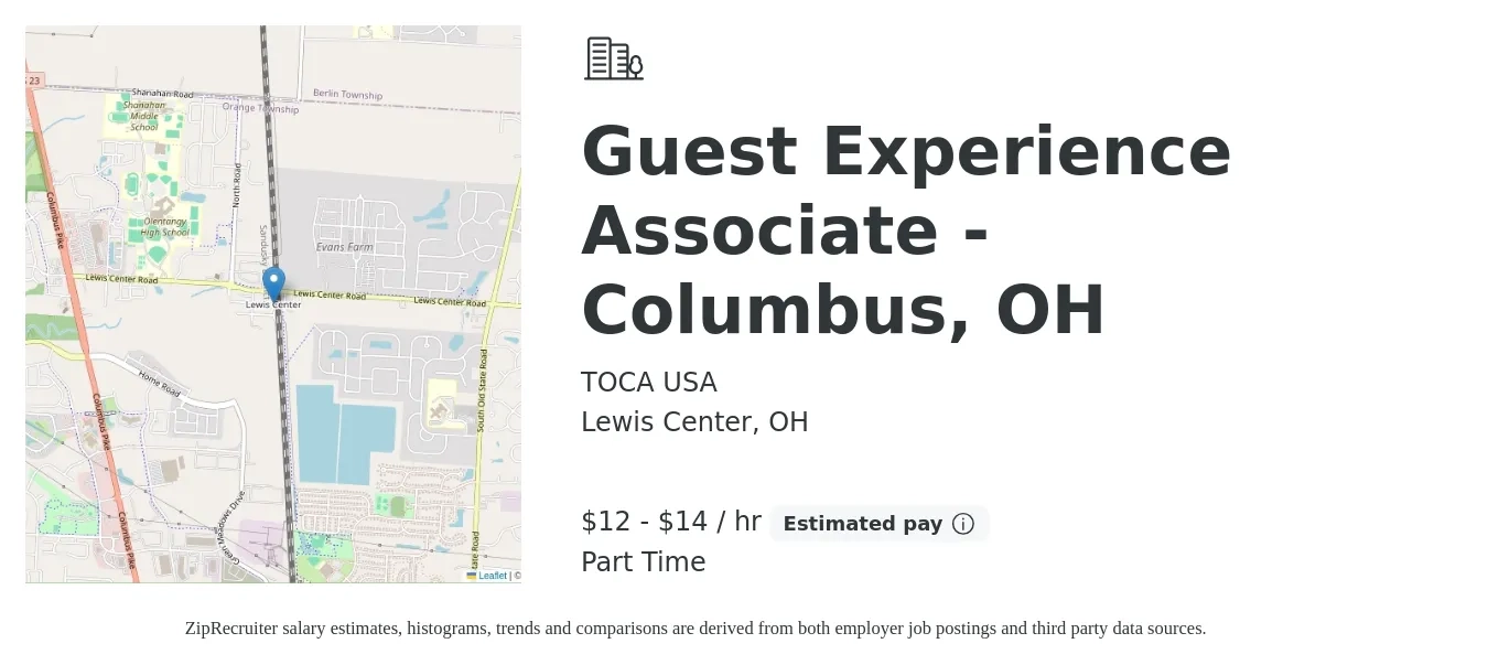 TOCA USA job posting for a Guest Experience Associate - Columbus, OH in Lewis Center, OH with a salary of $13 to $15 Hourly with a map of Lewis Center location.