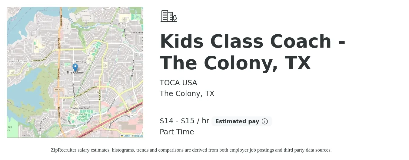 TOCA USA job posting for a Kids Class Coach - The Colony, TX in The Colony, TX with a salary of $15 to $16 Hourly with a map of The Colony location.