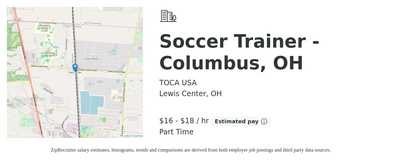 TOCA USA job posting for a Soccer Trainer - Columbus, OH in Lewis Center, OH with a salary of $17 to $19 Hourly with a map of Lewis Center location.