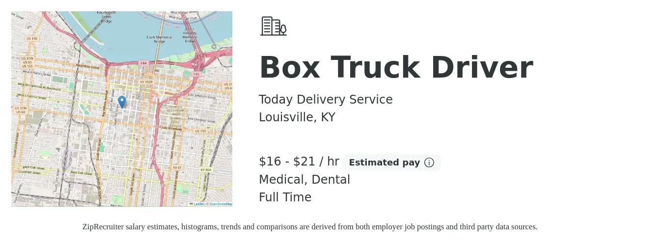 Today Delivery Service job posting for a Box Truck Driver in Louisville, KY with a salary of $17 to $22 Hourly and benefits including dental, medical, and pto with a map of Louisville location.