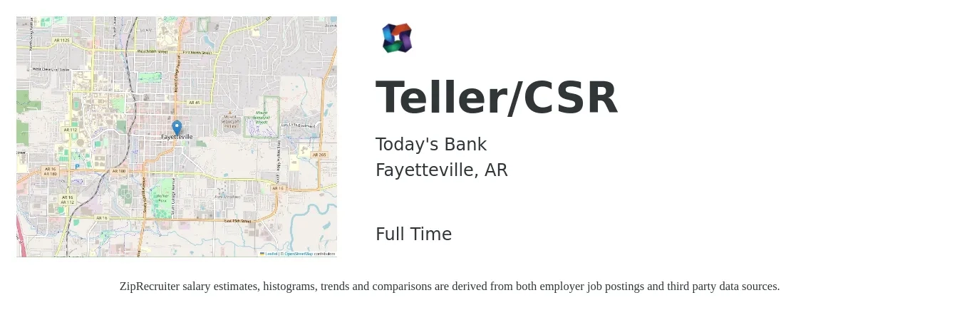 Today's Bank job posting for a Teller/CSR in Fayetteville, AR with a salary of $14 to $19 Hourly with a map of Fayetteville location.