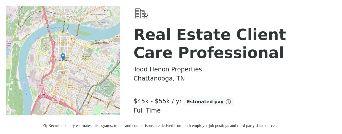 Todd Henon Properties job posting for a Real Estate Client Care Professional in Chattanooga, TN with a salary of $45,000 to $55,000 Yearly with a map of Chattanooga location.