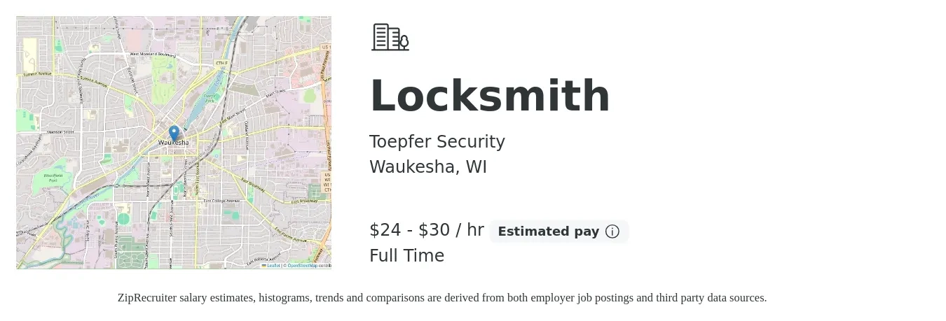 Toepfer Security job posting for a Locksmith in Waukesha, WI with a salary of $25 to $32 Hourly with a map of Waukesha location.