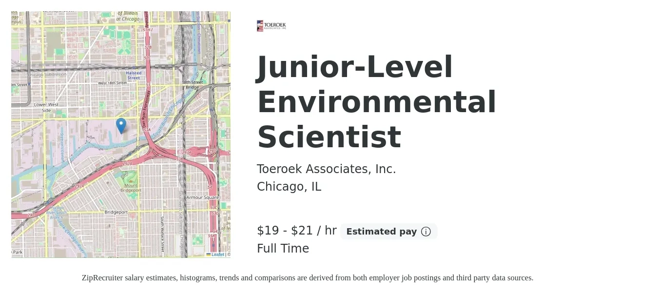 Toeroek Associates, Inc. job posting for a Junior-Level Environmental Scientist in Chicago, IL with a salary of $20 to $23 Hourly with a map of Chicago location.