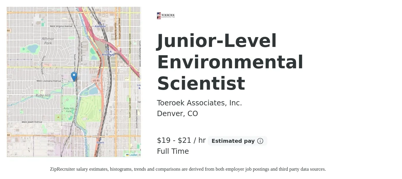 Toeroek Associates, Inc. job posting for a Junior-Level Environmental Scientist in Denver, CO with a salary of $20 to $23 Hourly with a map of Denver location.