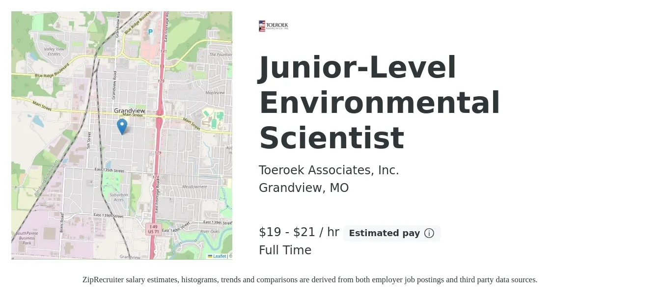 Toeroek Associates, Inc. job posting for a Junior-Level Environmental Scientist in Grandview, MO with a salary of $20 to $23 Hourly with a map of Grandview location.