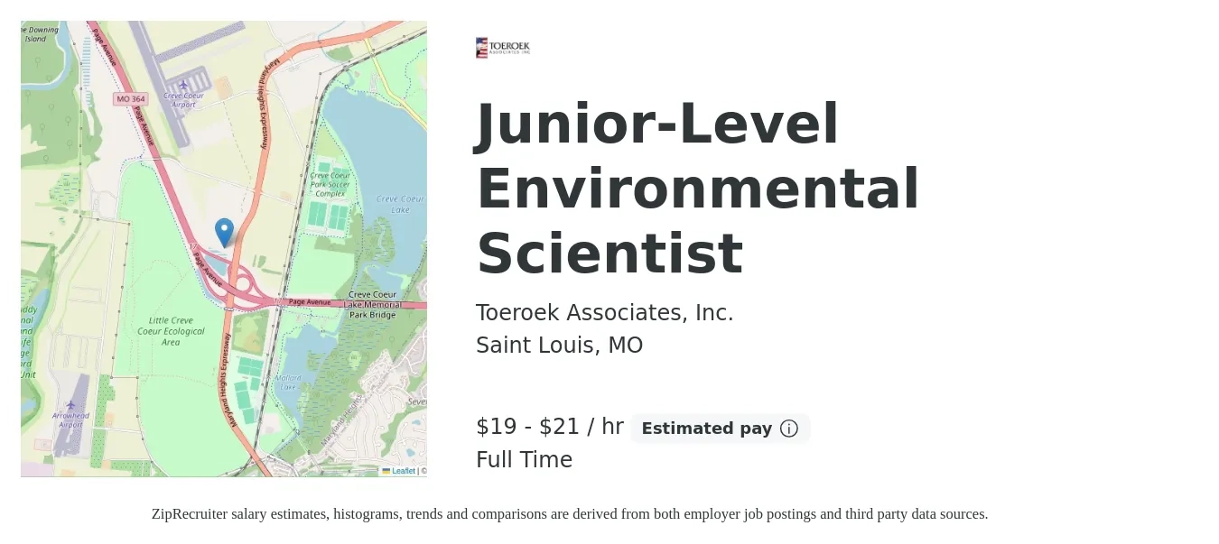 Toeroek Associates, Inc. job posting for a Junior-Level Environmental Scientist in Saint Louis, MO with a salary of $20 to $23 Hourly with a map of Saint Louis location.