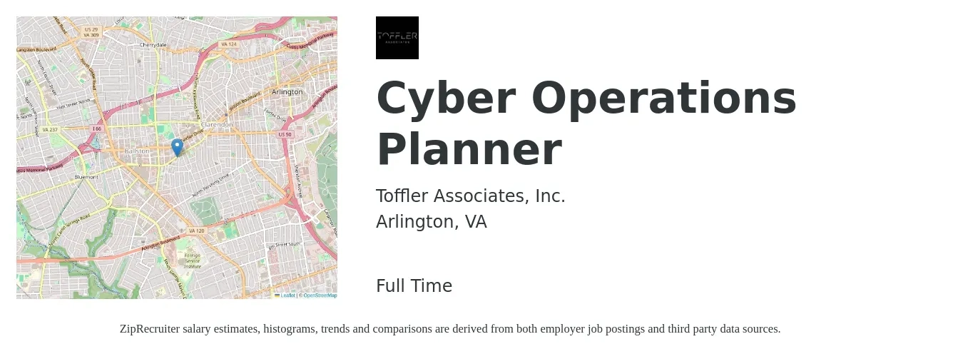 Toffler Associates, Inc. job posting for a Cyber Operations Planner in Arlington, VA with a salary of $97,800 to $139,200 Yearly with a map of Arlington location.