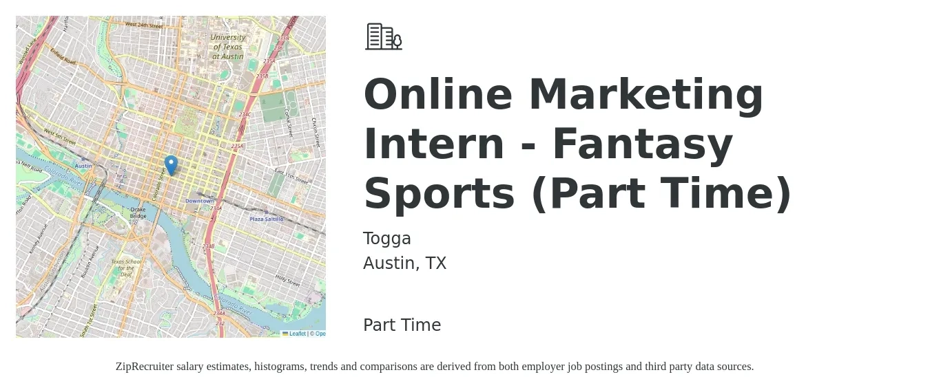 Togga job posting for a Online Marketing Intern - Fantasy Sports (Part Time) in Austin, TX with a salary of $15 to $20 Hourly with a map of Austin location.