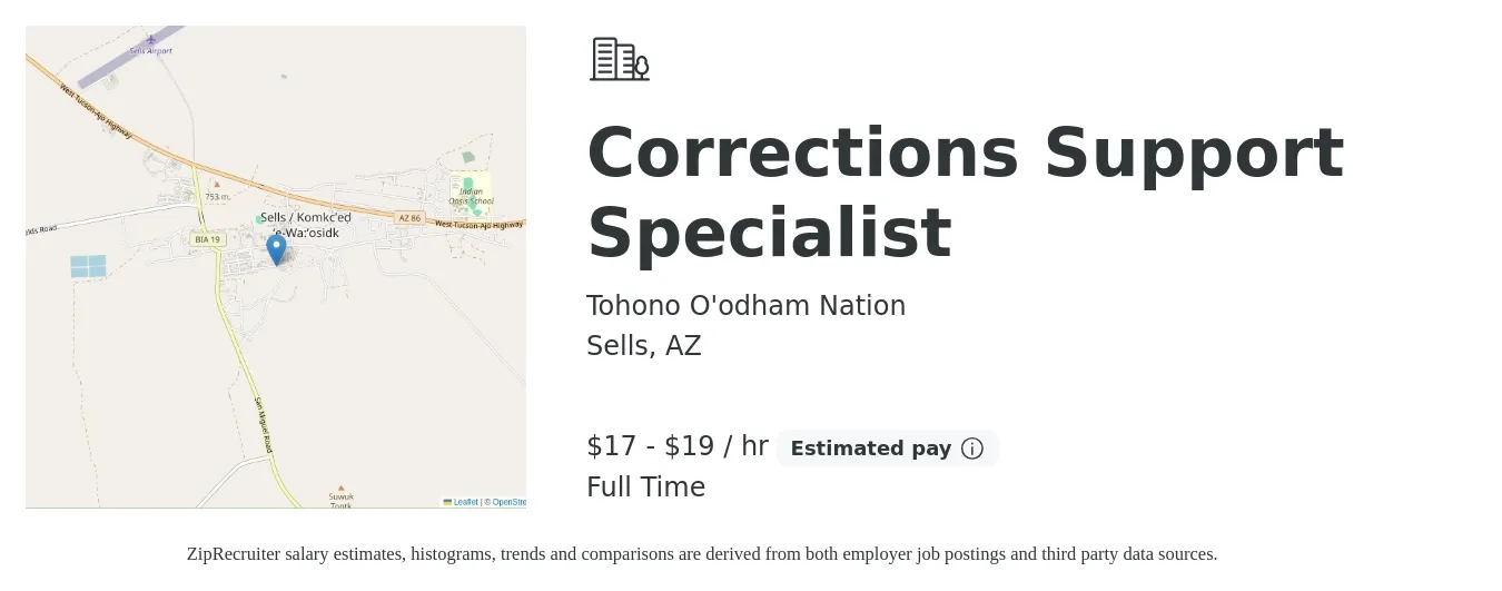 Tohono O'odham Nation job posting for a Corrections Support Specialist in Sells, AZ with a salary of $18 to $21 Hourly with a map of Sells location.