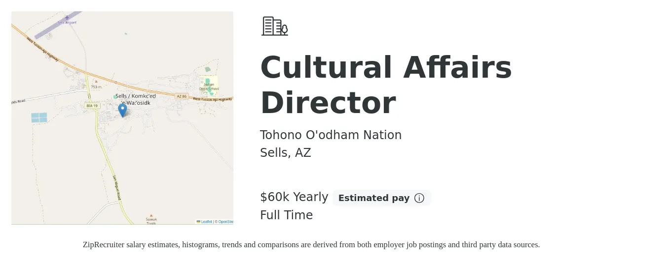 Tohono O'odham Nation job posting for a Cultural Affairs Director in Sells, AZ with a salary of $60,886 Yearly with a map of Sells location.