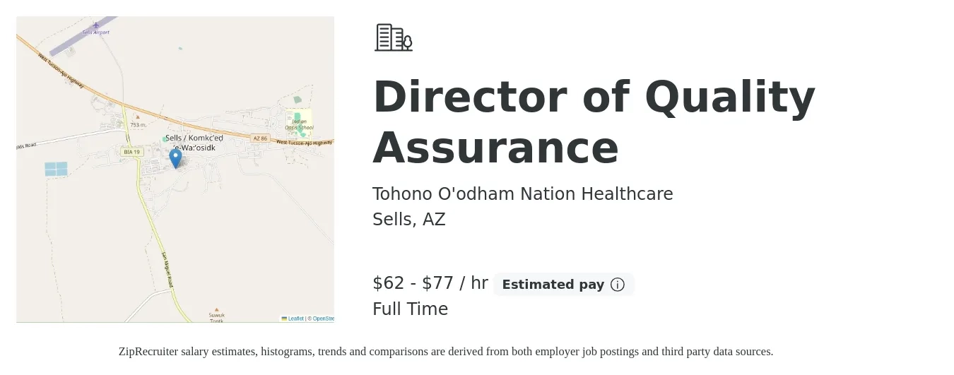 Tohono O'odham Nation Healthcare job posting for a Director of Quality Assurance in Sells, AZ with a salary of $134,178 to $167,570 Yearly with a map of Sells location.