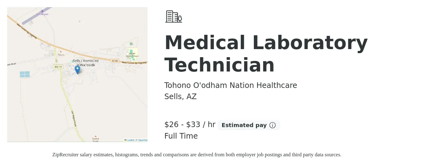 Tohono O'odham Nation Healthcare job posting for a Medical Laboratory Technician in Sells, AZ with a salary of $28 to $35 Hourly with a map of Sells location.