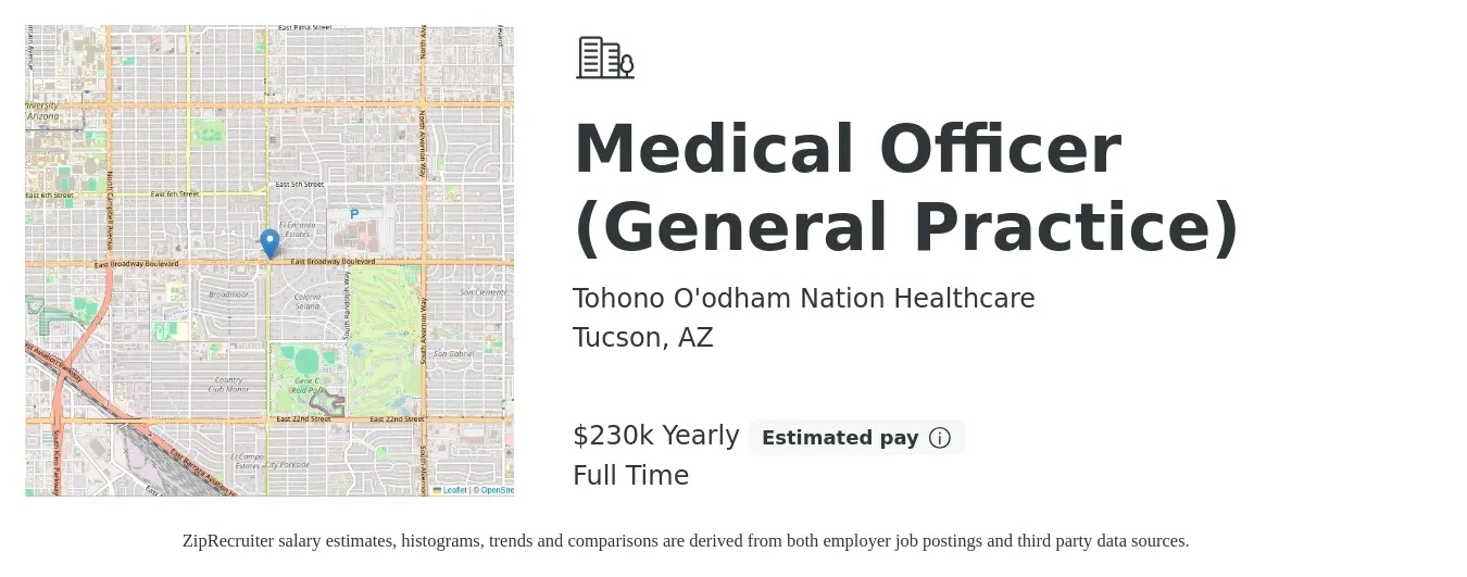 Tohono O'odham Nation Healthcare job posting for a Medical Officer (General Practice) in Tucson, AZ with a salary of $230,997 Yearly with a map of Tucson location.