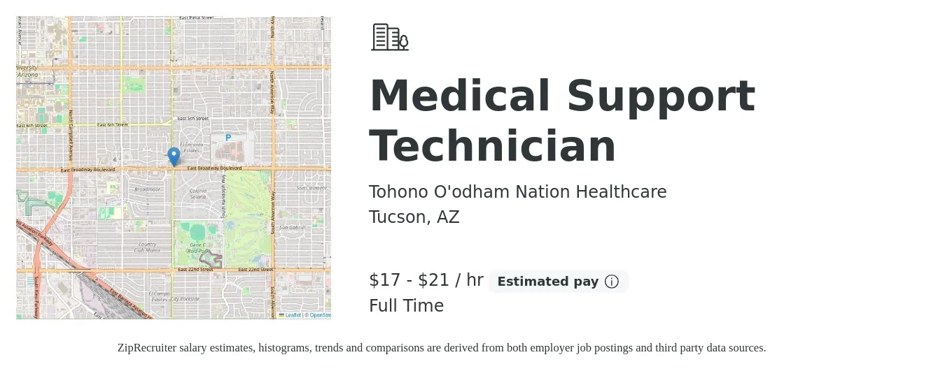 Tohono O'odham Nation Healthcare job posting for a Medical Support Technician in Tucson, AZ with a salary of $18 to $23 Hourly with a map of Tucson location.