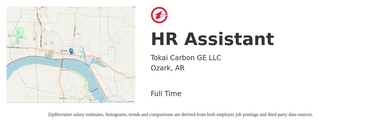Tokai Carbon GE LLC job posting for a HR Assistant in Ozark, AR with a salary of $33,000 to $42,300 Yearly with a map of Ozark location.