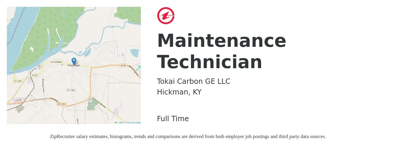 Tokai Carbon GE LLC job posting for a Maintenance Technician in Hickman, KY with a salary of $16 to $22 Hourly with a map of Hickman location.