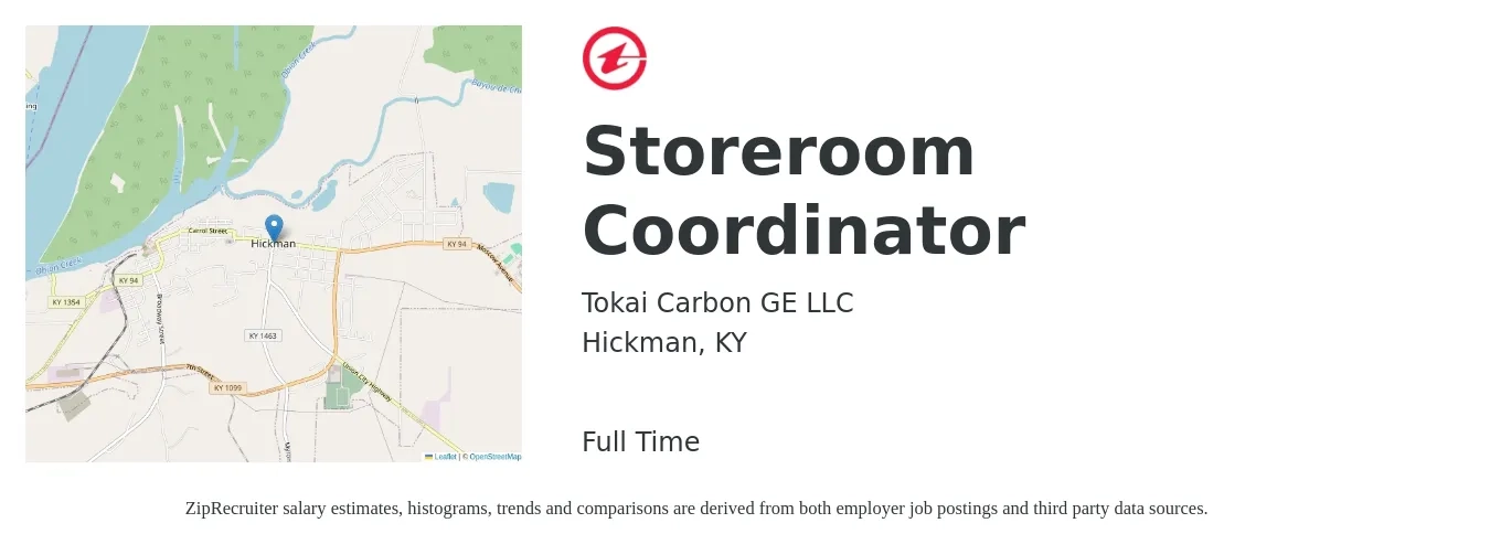 Tokai Carbon GE LLC job posting for a Storeroom Coordinator in Hickman, KY with a salary of $14 to $20 Hourly with a map of Hickman location.