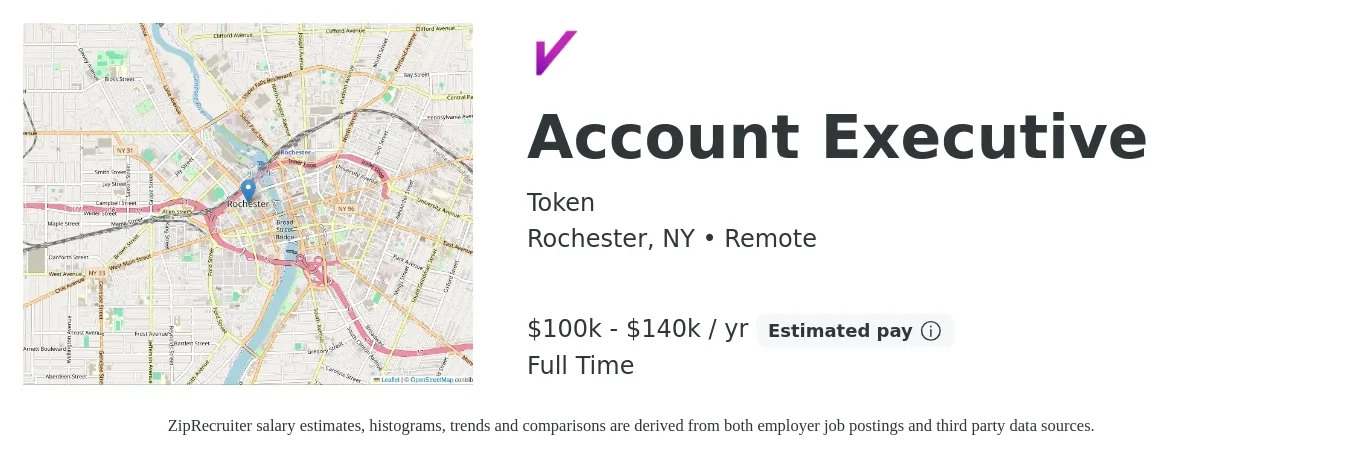 Token job posting for a Account Executive in Rochester, NY with a salary of $100,000 to $140,000 Yearly with a map of Rochester location.