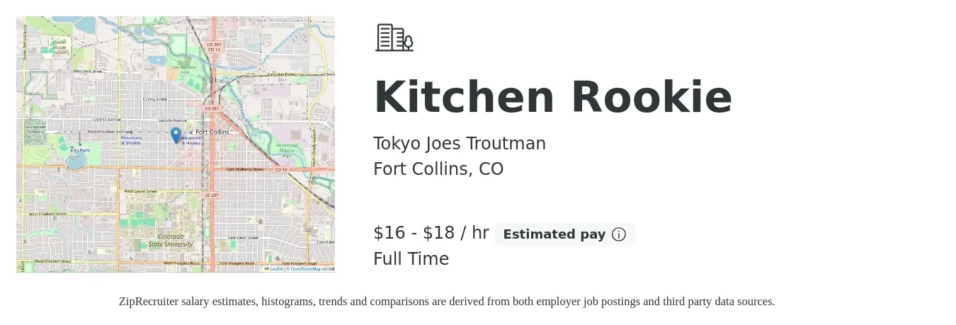 Tokyo Joes Troutman job posting for a Kitchen Rookie in Fort Collins, CO with a salary of $18 to $20 Hourly with a map of Fort Collins location.