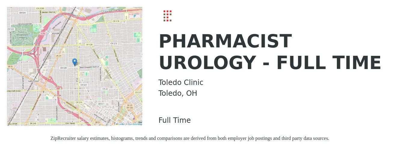 Toledo Clinic job posting for a PHARMACIST UROLOGY - FULL TIME in Toledo, OH with a salary of $58 to $70 Hourly with a map of Toledo location.