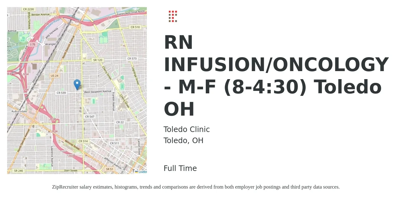 Toledo Clinic job posting for a RN INFUSION/ONCOLOGY - M-F (8-4:30) Toledo OH in Toledo, OH with a salary of $31 to $48 Hourly with a map of Toledo location.