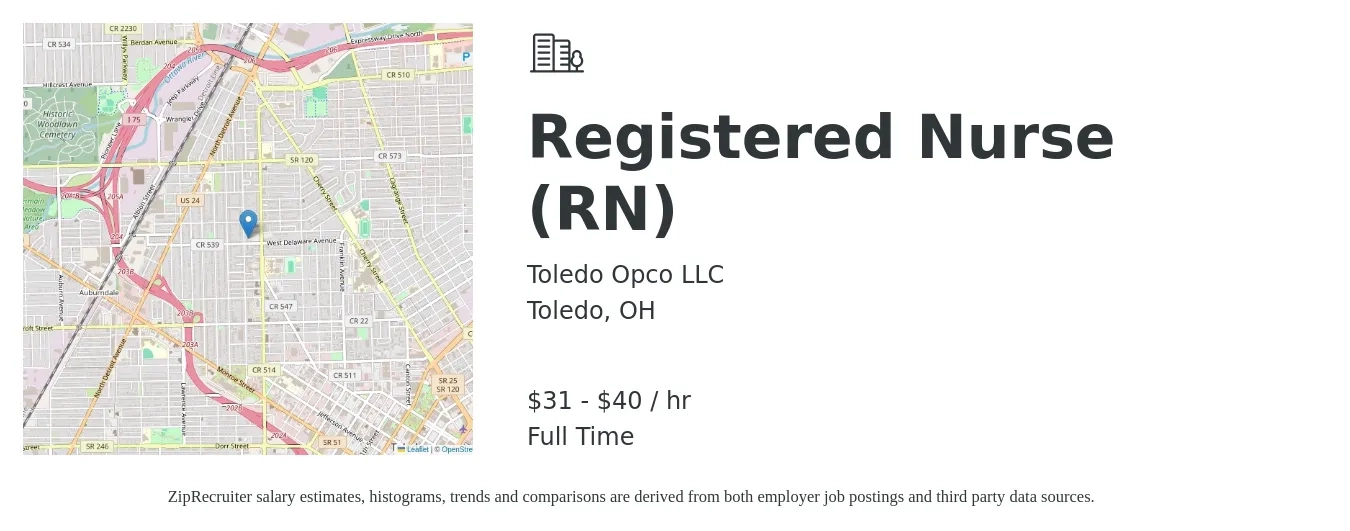 Toledo Opco LLC job posting for a Registered Nurse (RN) in Toledo, OH with a salary of $33 to $42 Hourly with a map of Toledo location.