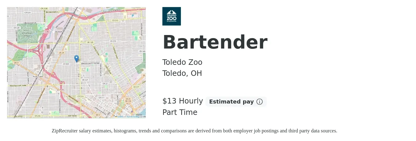 Toledo Zoo job posting for a Bartender in Toledo, OH with a salary of $14 Hourly with a map of Toledo location.