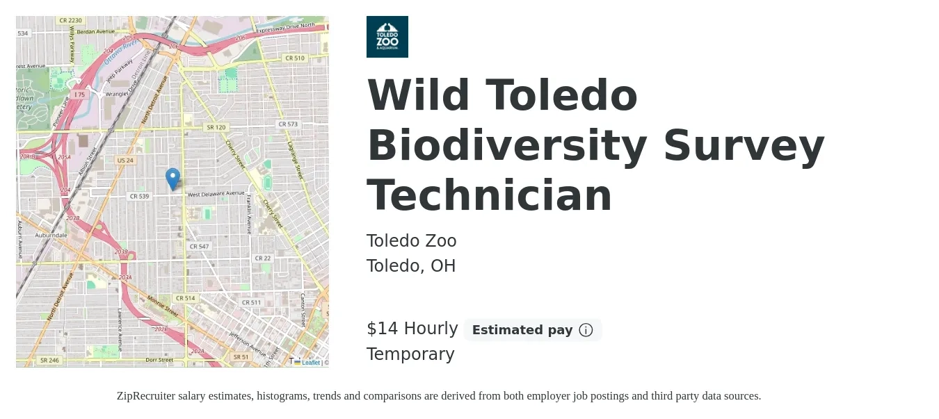 Toledo Zoo job posting for a Wild Toledo Biodiversity Survey Technician in Toledo, OH with a salary of $15 Hourly with a map of Toledo location.