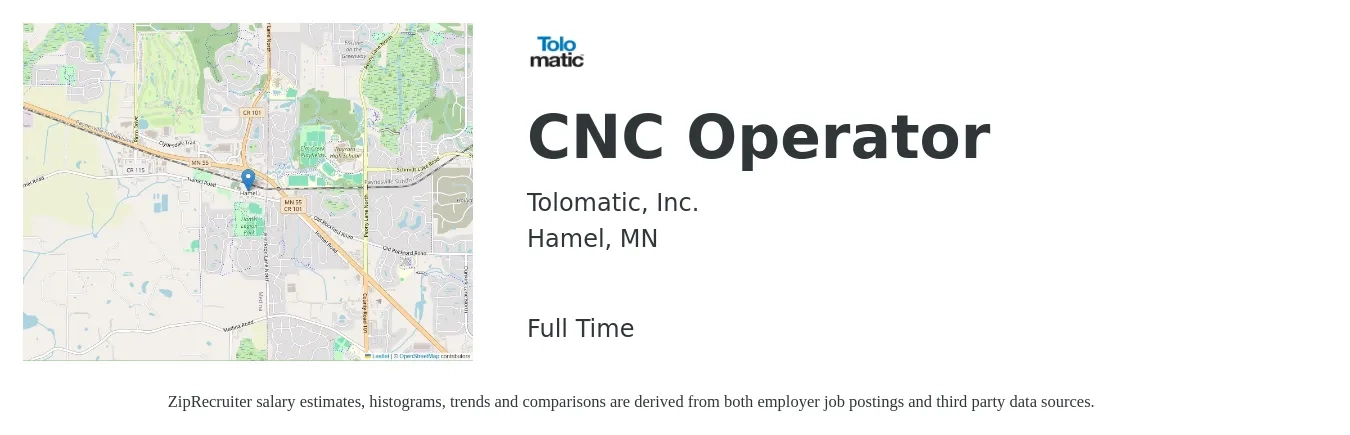 Tolomatic, Inc. job posting for a CNC Operator in Hamel, MN with a salary of $22 to $30 Hourly with a map of Hamel location.