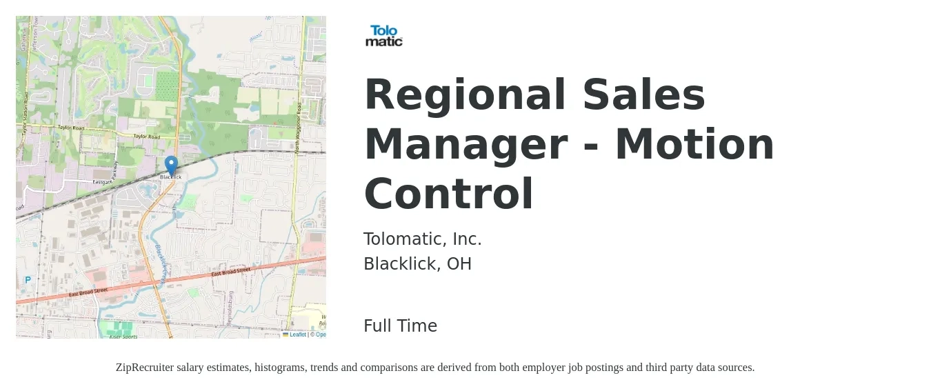 Tolomatic, Inc. job posting for a Regional Sales Manager - Motion Control in Blacklick, OH with a salary of $69,600 to $108,700 Yearly with a map of Blacklick location.