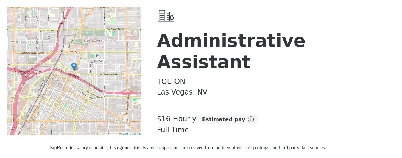 TOLTON job posting for a Administrative Assistant in Las Vegas, NV with a salary of $17 Hourly with a map of Las Vegas location.