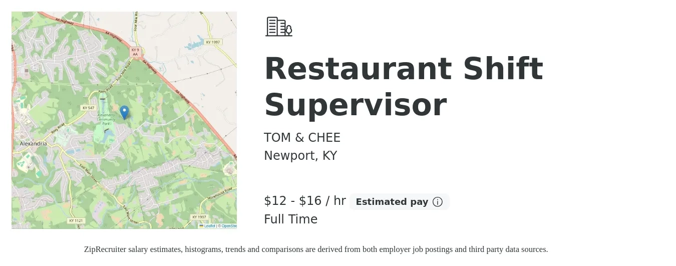 TOM & CHEE job posting for a Restaurant Shift Supervisor in Newport, KY with a salary of $13 to $17 Hourly with a map of Newport location.