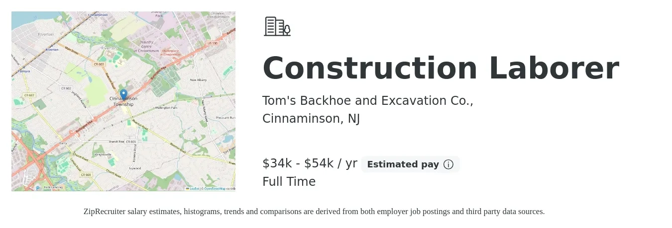 Tom's Backhoe and Excavation Co., job posting for a Construction Laborer in Cinnaminson, NJ with a salary of $34,000 to $54,000 Yearly and benefits including pto with a map of Cinnaminson location.