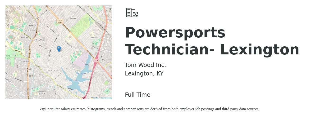 Tom Wood Inc. job posting for a Powersports Technician- Lexington in Lexington, KY with a salary of $34,300 to $51,300 Yearly with a map of Lexington location.